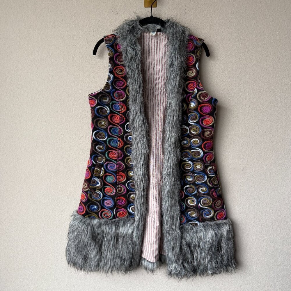 The Collection Royal Whimsical Multicolor Swirl Faux Fur Trim Vest Size S